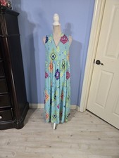 Fairhope Sleeveless Maxi Dress Small Aqua Multicolor Aztec Print Boho Tiered