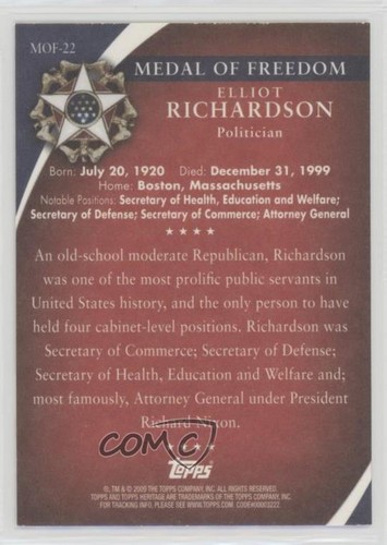 2009 Topps Heritage American Heroes Edition Elliot Richardson #MOF-22 1md - Zdjęcie 2 z 3