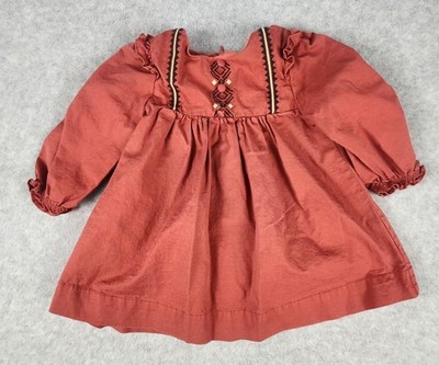 Baby PONEY Dress Girls 6-12 Months Rust Red Ruffle Long Sleeve Embroidered Trim