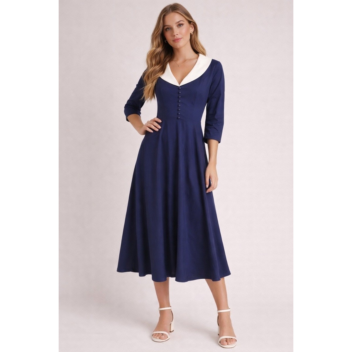 Gown Town Navy Blue Vintage 1950s Style Rockabilly Peter Pan Collar Dress Small | eBay Gown Town Navy Blue Vintage 1950s Style Rockabilly Peter Pan Collar Dress Small | eBay