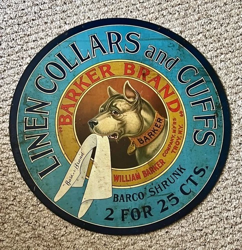 Vintage / Antique 19.5" Double Sided Metal Sign ~ Barker Brand Collars / Cuffs