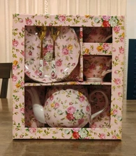 Grace Teaware Fine Porcelain 7-Piece Boxed Tea Set Pink Rose Floral New Gift Box