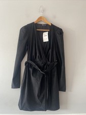 Zara Dress Black Suede Effect Wrap Size Medium Long Sleeve Short