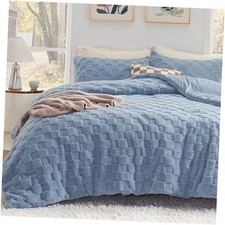 Fluffy Comforter Set, Ashley Blue Queen 02 - Ashley Blue - Fuzzy Checkerboard