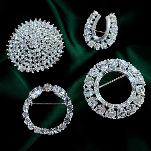 Vintage Brooch Pin Silver Tone Ice Rhinestone Wreath Costume Jewelry Set of 4