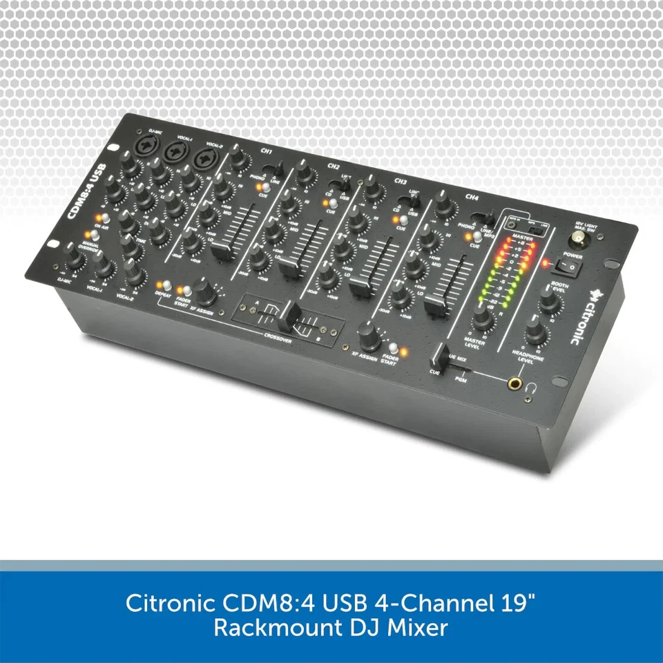 Citronic CDM8:4 USB 4-Channel DJ Mixer 19" Rackmount 14 Input Karaoke Mic Echo - Image 2 of 4