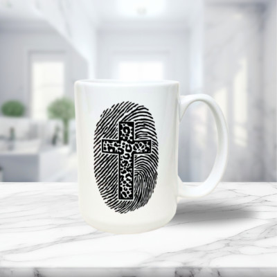 15oz Coffee Tea Mug Cup Ceramic Black/White Cross Fingerprint Art Design Easter
