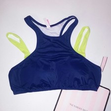 Victoria Secret Swim Bikini Top Large Crop Style Navy Blue Strappy Sporty New