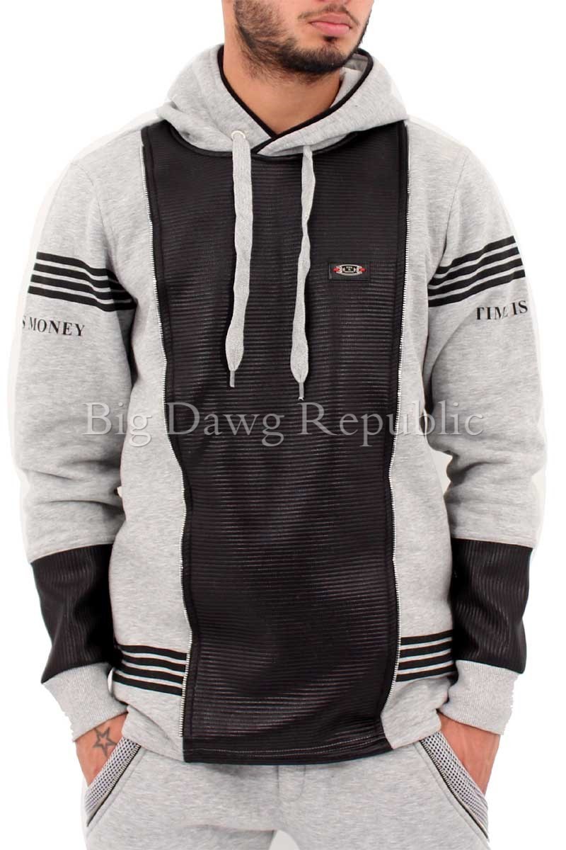 Time Is Money Men's Urban Designer Sports 4 Stripe Overhead Grey Cotton Hoodie