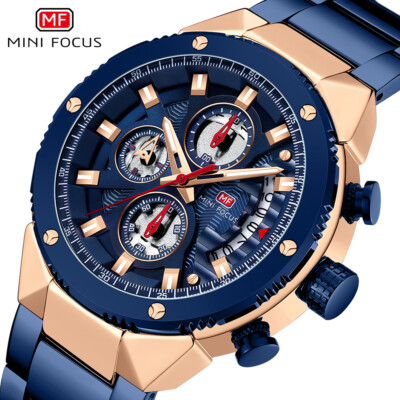 MINI FOCUS Man Luxury 3-Eyes Luminous Stainless Steel Calendar Quartz Watches