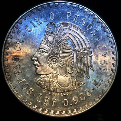 1947 Mo Mint Mexico 5 Pesos Cuauhtemoc 30 Grams Cinco 90% Silver