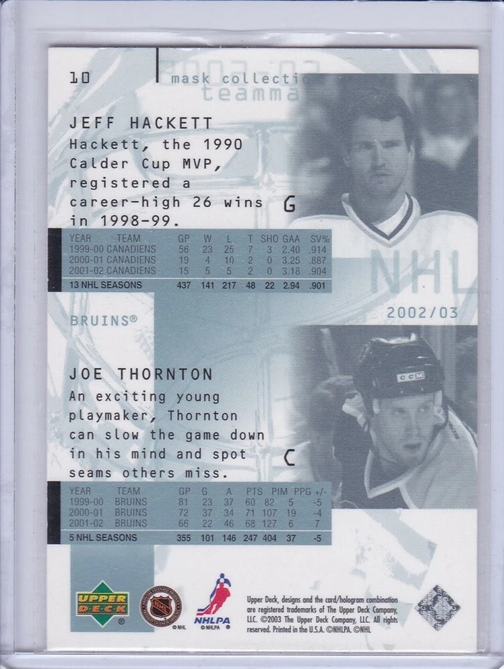 Joe Thornton 2002 Upper Deck Mask Collection Card 10 Grade MT Jeff Hackett - Image 2 of 2