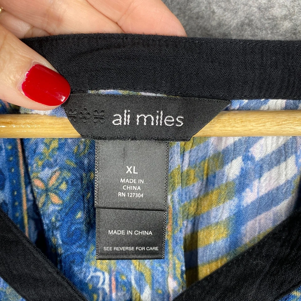 Ali Miles Shirt Women XL Blue Art to Wear Chevron Geometric Cold Shoulder Tunic - Image 4 of 4