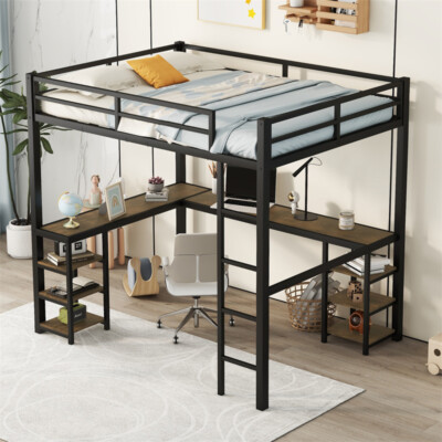 Full Size Metal Loft Bed w/L-Shaped Desk,Storage Shelves &Ladder for Kids Adults
