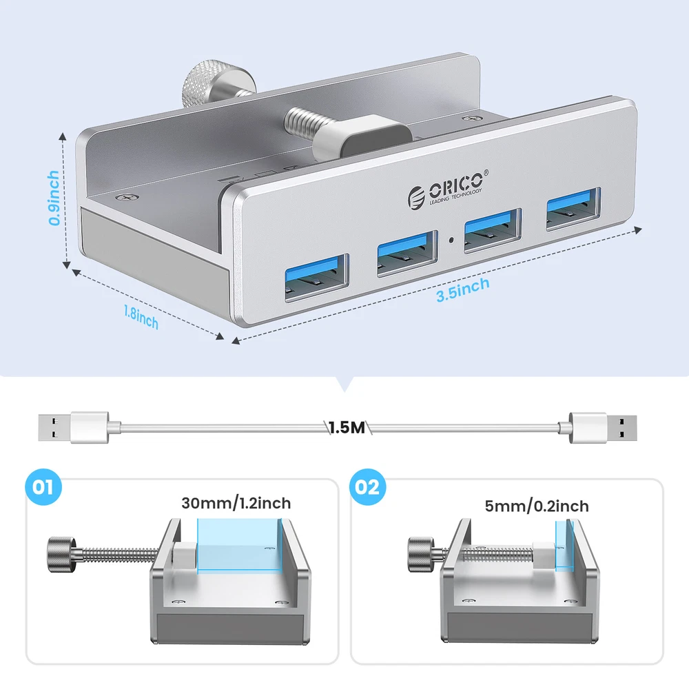 ORICO USB 3.0 Hub Aluminum 4Port USB Hub Clamp Powered USB Splitter A to C Cable
