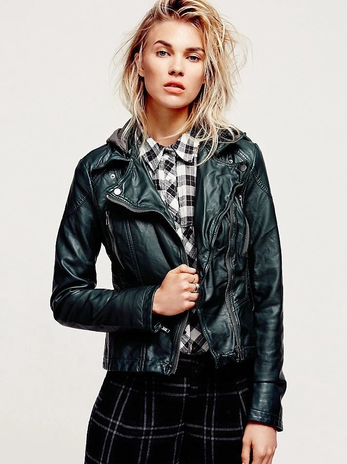 Women's faux leather sales jacket with hood