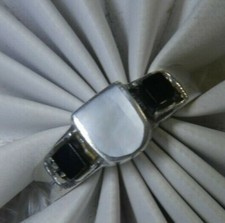 Vintage Onyx, Mother Of Pearl Marcasite 0.925 Sterling Silver Ring size 10