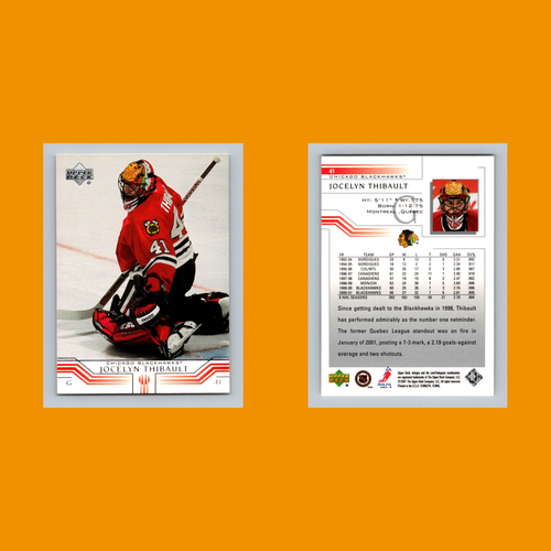 Tarjeta de hockey Jocelyn Thibault #41 2001 Upper Deck Chicago Blackhawks NHL CASI NUEVA - Imagen 3 de 3