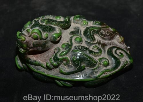 4.4" Old Chinese Green Jade Carved Fengshui Animal Dragon Tortoise Turtle Statue