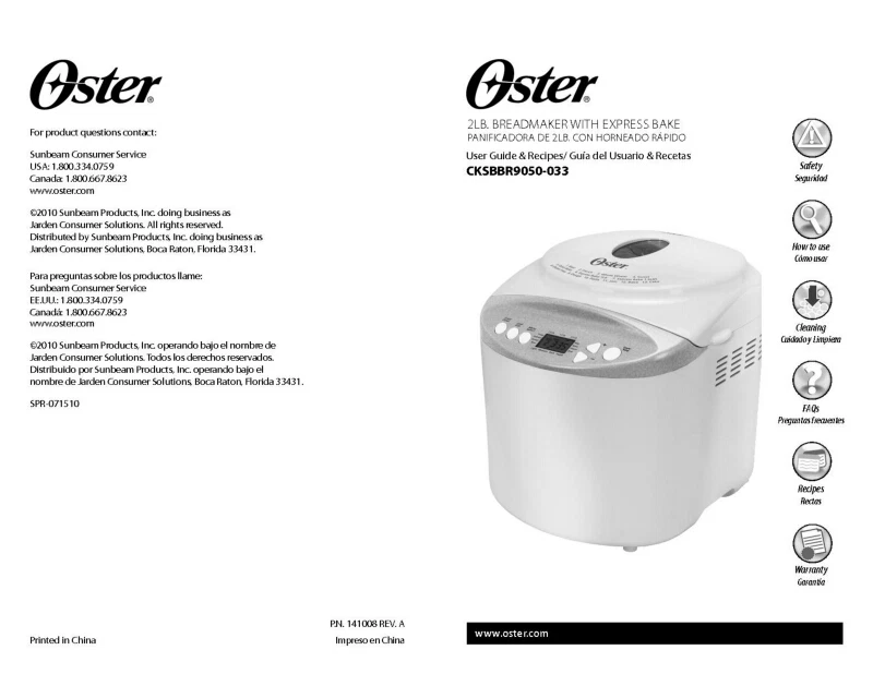 Sunbeam CKSBBR9050 CKSBBR9050-33 Bread Machine Owners Manual