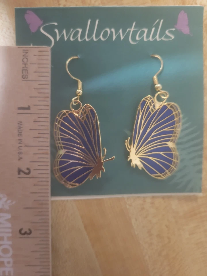 Swallowtails Blue Butterfly Dangle Hook Earrings Gold Tone Metal 2 in - Image 1 of 2