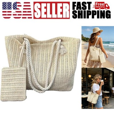 Large capacity commuting straw woven bag hand held woven vacation style beach US