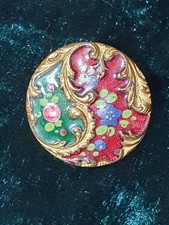 Button - Antique Victorian French Champleve Enamel Floral Motif, Gilded Brass