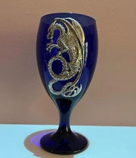 Vintage Libbey Cobalt Blue Goblet with a Pewter Dragon Embellishment