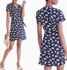 J. Crew Women's Wrap Dress Leopard Cat Print Short Sleeve A-Line Tie Navy Size 6