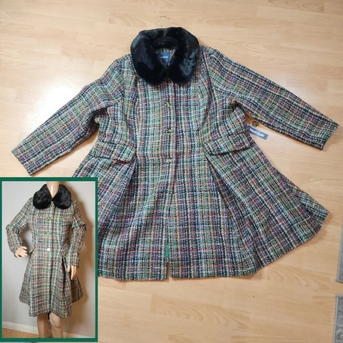 NWT Modcloth 3X Multi Colored Tweed Flare Coat Removable Faux Fur Collar