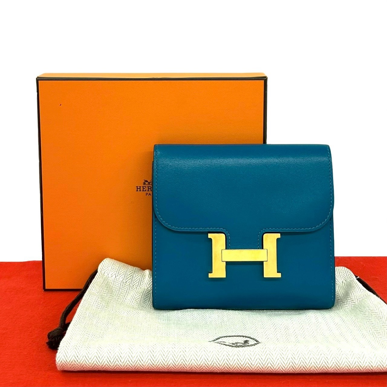 HERMES Constance Compact Bifold Wallet Calfskin leather blue 28793