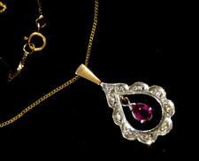 9ct Gold Ruby Diamond Pendant Chain Necklace Vintage Hallmarked 1985