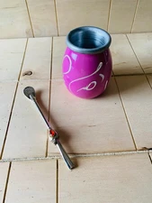 Mate Cup Vintage Engraved Pink Aluminum Argentine Yerba Mate Gourd Set Straw