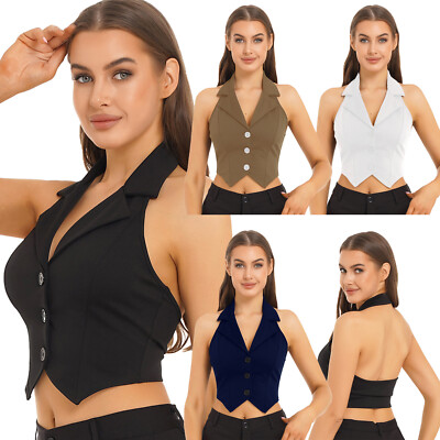 新品★ CROPPED JACKET SET VEST TOP Women's Cropped Lapel Vest Slim Fit Backless Waistcoat Button Down
