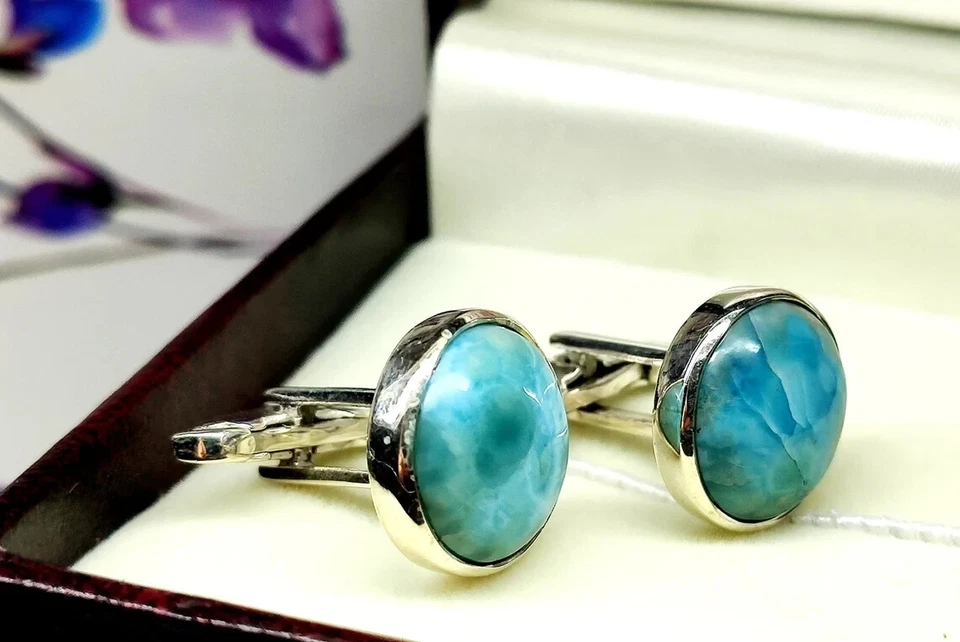 Gemelos naturales de plata de ley 925 con piedras preciosas Larimar para regalo especial para hombre Foto 4 de 4