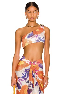 Raisa Vanessa Gold Chain One Shoulder Crop Top in Yellow & Purple 36 NWOT $731