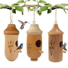3x Natural Wood Hummingbird House,Outside Hanging Hummingbird Nesting Nest