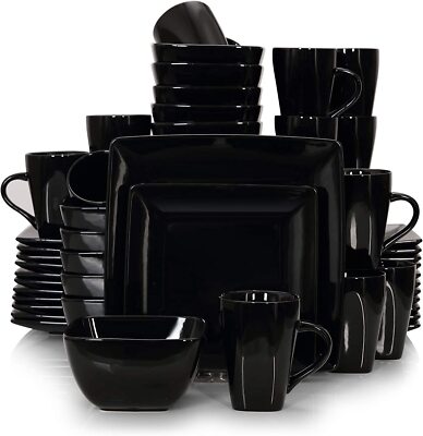 vancasso SOHO Dinner Set Black Porcelain Square 48Piece Dinnerware