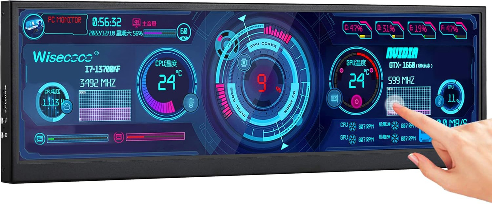 12.6 Inch Secondary Screen FHD IPS Touch Second Screen Stretched Bar LCD Display