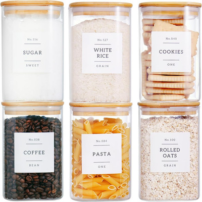 6 Pack Square Glass Kitchen Storage Jars with Airtight Bamboo Lids and 132 Pantr