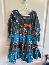 Jelly The Pug Girls 6X Fall Long Sleeve Dress Blue Orange Ruffles