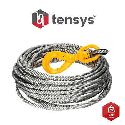 TENSYS Winch Wire Rope, Recovery Winch Cable, 10mm x 25m With Swivel Self Locking Hook