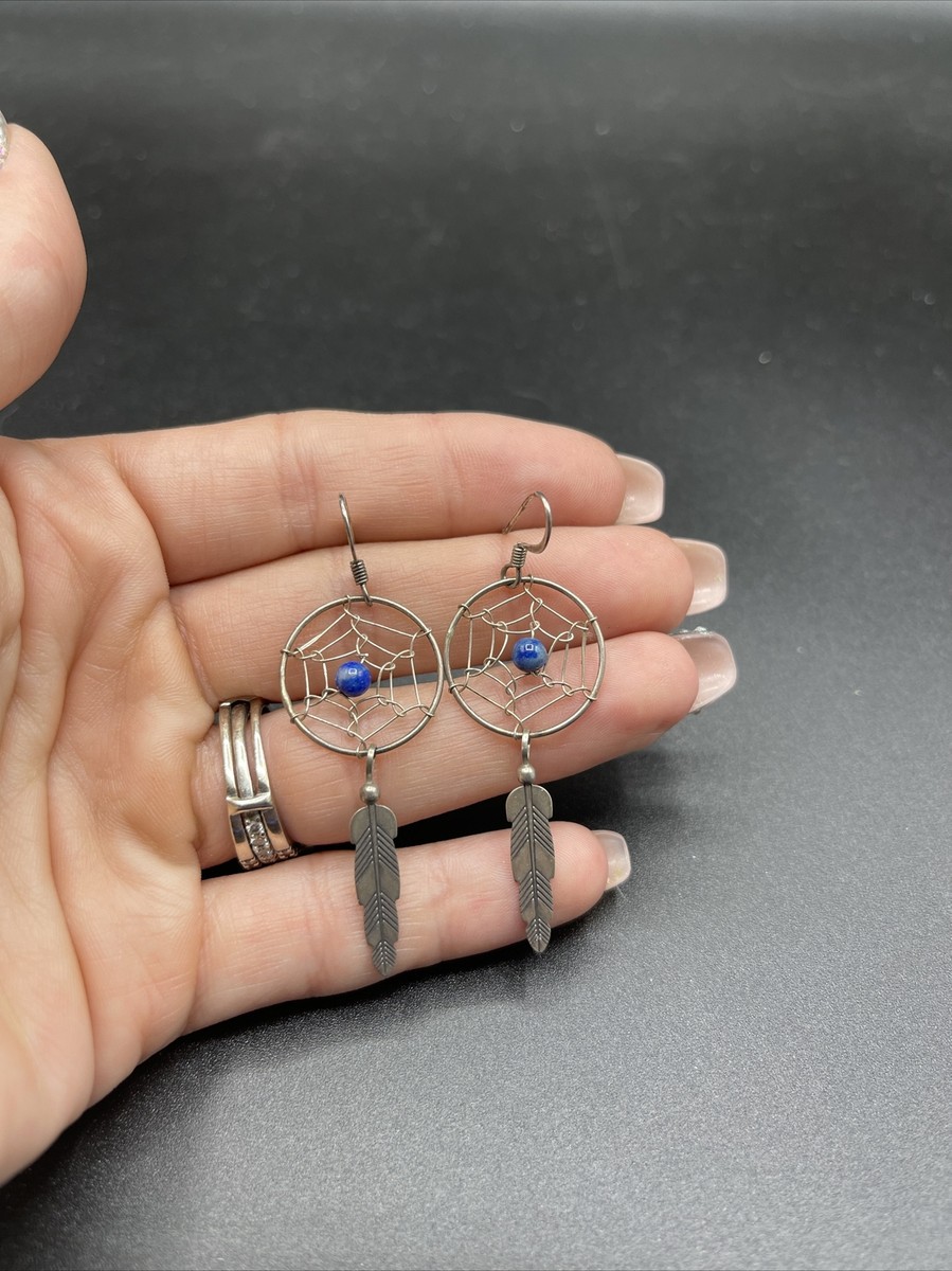 Beautiful Sterling Silver Dream catcher With Lapis Bead Earrings - Main Image