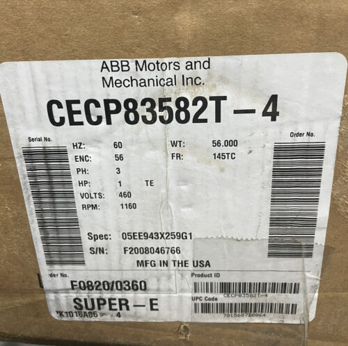 CECP83582T-4 ABB BALDOR SUPER-E 1HP 3PH 145TC MOTOR 460 VAC C-FACE 841XL - Picture 3 of 8
