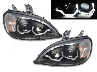 Pair Black Projector Headlights w/ LED U Bar for 2004-2017 Freightliner Columbia