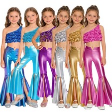 Kids Girls Costume Metallic Set One Shoulder Outfits Sequins Dancewear Latin