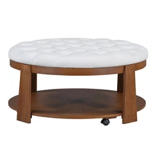 Oversized Round Ottoman Coffee Table with Storage Wheels Waterproof Linen