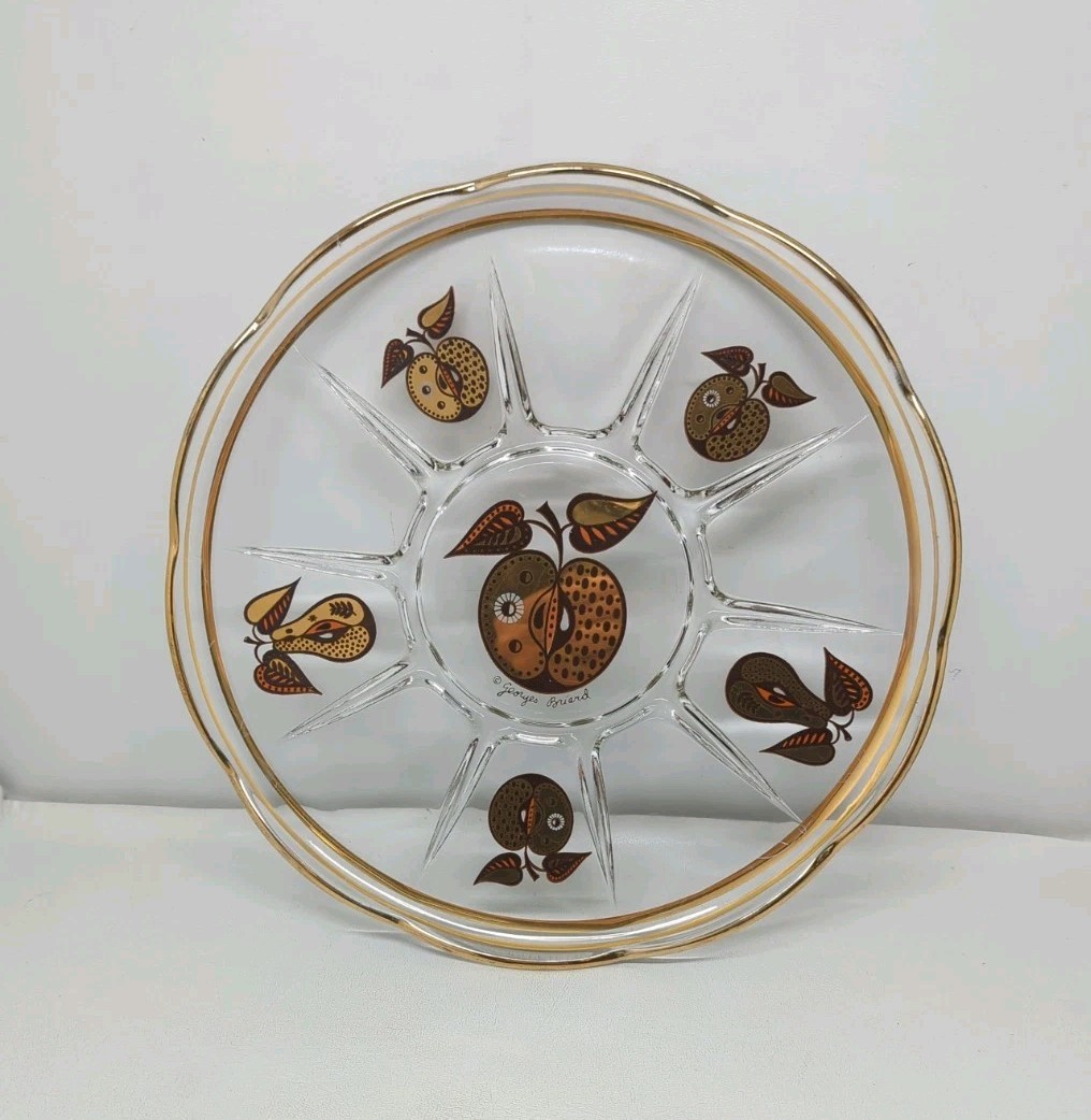 VTG Georges Briard Round Clear Glass Divided Tray Forbidden Fruit Apple Pear 11"