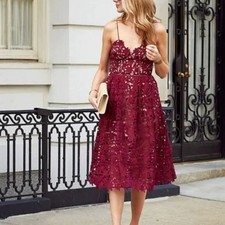 New Self-Portrait Azalea Guipure Lace Burgundy Midi-Dress Size 2