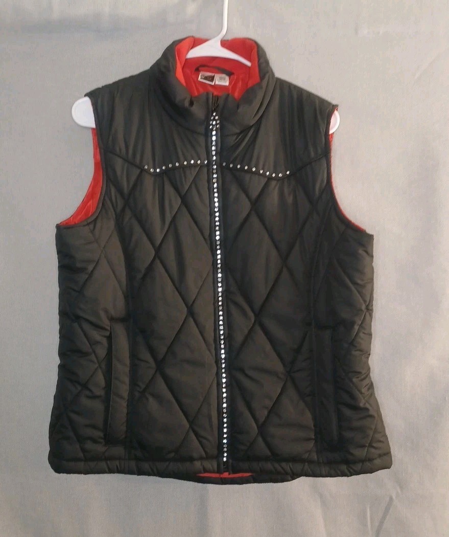 Cowgirl Up Women’s Black & Red, Quilted, Western, Puffer, Vest Sz L